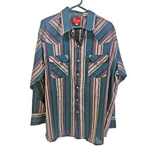 Ely Plains Men's XL Striped Long Sleeve Button-Up Shirt Blue Purple Gray Pockets